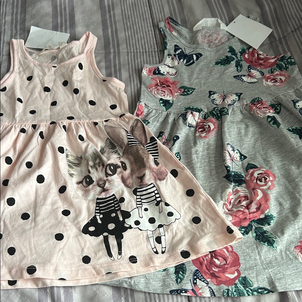 Little Girls 2-Pack Pink Polka Dot Animal Print & Gray Floral Dresses 2 Sizes